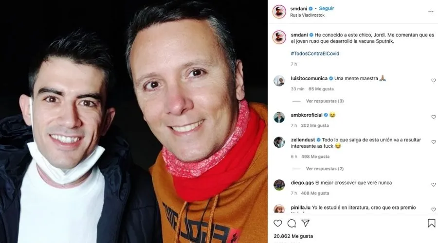 El P. Daniel Pajuelo posa junto al actor porno Ángel Muñoz García, conocido como “Jordi”, en una publicación de su cuenta en Instagram.