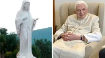 Imagen de la Virgen María en Medjugorje. Foto: Beemwej / Wikipedia. | Benedicto XVI. Crédito: Fondazione Vaticana Joseph Ratzinger - Benedetto XVI.