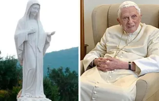 Imagen de la Virgen María en Medjugorje. Foto: Beemwej / Wikipedia. | Benedicto XVI. Crédito: Fondazione Vaticana Joseph Ratzinger - Benedetto XVI. 