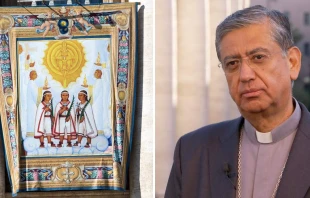 El tapiz de la canonizaciu00f3n de los tres Niu00f1os y el Obispo de Tlaxcala. Mons. Julio Cu00e9sar Salcedo. Foto: Daniel Ibu00e1u00f1ez / ACI Prensa 