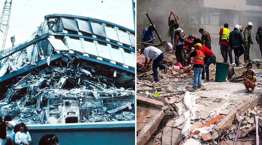 Un complejo de departamentos derrumbado tras el sismo de 1985 en Ciudad de México. Foto: Dominio público / Destrucción en la capital mexicana tras sismo de 2017. Foto: Cáritas Mexicana.
