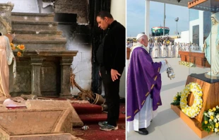 El P. Thabet Habeb contempla en 2016 la imagen decapitada de la Virgen. Cru00e9dito: ACN / El Papa Francisco bendice la imagen parcialmente restaurada este domingo en Erbil, Irak. Cru00e9dito: Vatican Media 