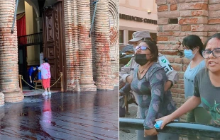 Catedral Basu00edlica Menor de San Lorenzo Mu00e1rtir dau00f1ada con pintura roja - Feministas del colectivo u201cMujeres Creandou201d / Cru00e9dito: Graciela Arandia de Hidalgo - Arquidiu00f3cesis de Santa Cruz de la Sierra 