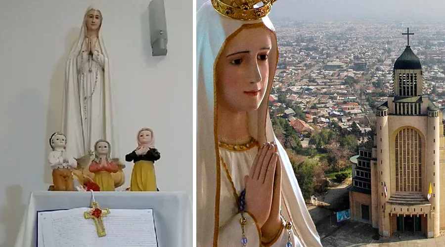 Imagen peregrina de la Virgen de Fátima en Parroquia Nuestra Señora de Fátima de Rafaela, Argentina /  Vista del Santuario Nacional de Maipú, Chile - Arzobispado De Santiago.