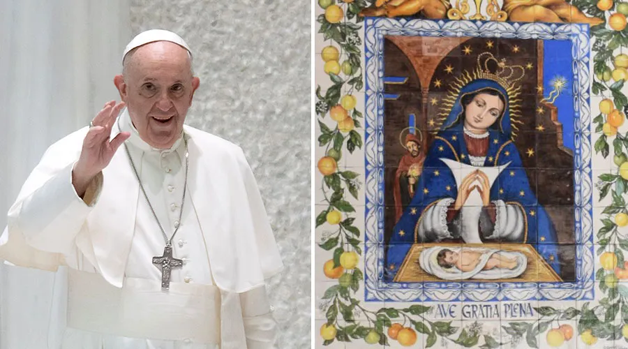 Papa Francisco e imagen de Nuestra Señora de Altagracia. Crédito: Daniel Ibáñez / ACI Prensa. CED