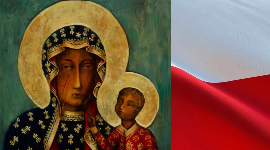 La Virgen de Czestochowa. Crédito: Wikipedia / Bandera de Polonia. Crédito: Pxfuel