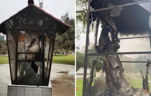 Imagen de la Virgen Maru00eda que fue incendiada en la madrugada del 28 de noviembre de 2022, en Santiago de Surco (Peru00fa). Cru00e9dito: Cortesu00eda de Pablo Timoteo Yovera 