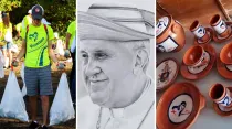 Voluntario - Foto: Flickr JMJPanama_/ Retrato Papa Francisco - Foto: Instagram hutchinsonartstudios / Vajilla panameña - Foto: Twitter JMJPanamá