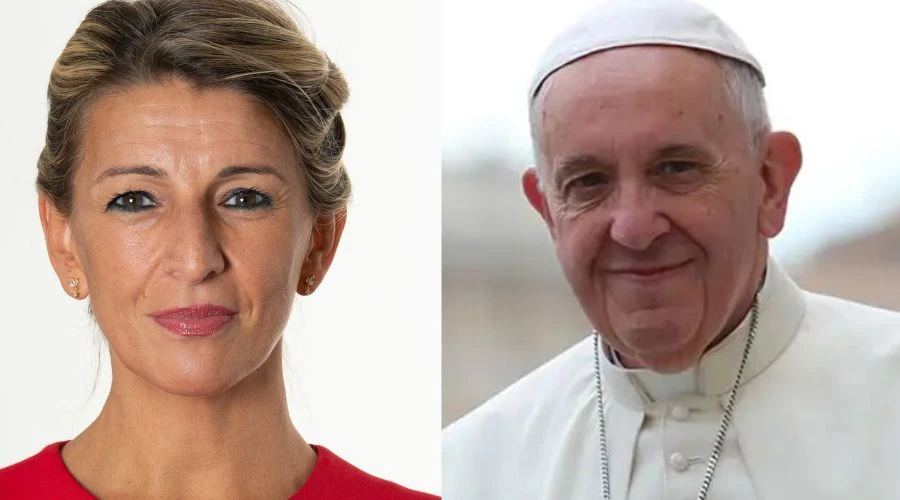 La Vicepresidenta segunda del Gobierno de Espau00f1a, Yolanda Du00edaz y el Papa Francisco. Cru00e9dito: Gobierno de Espau00f1a y Daniel Ibu00e1u00f1ez/ACI Prensa?w=200&h=150