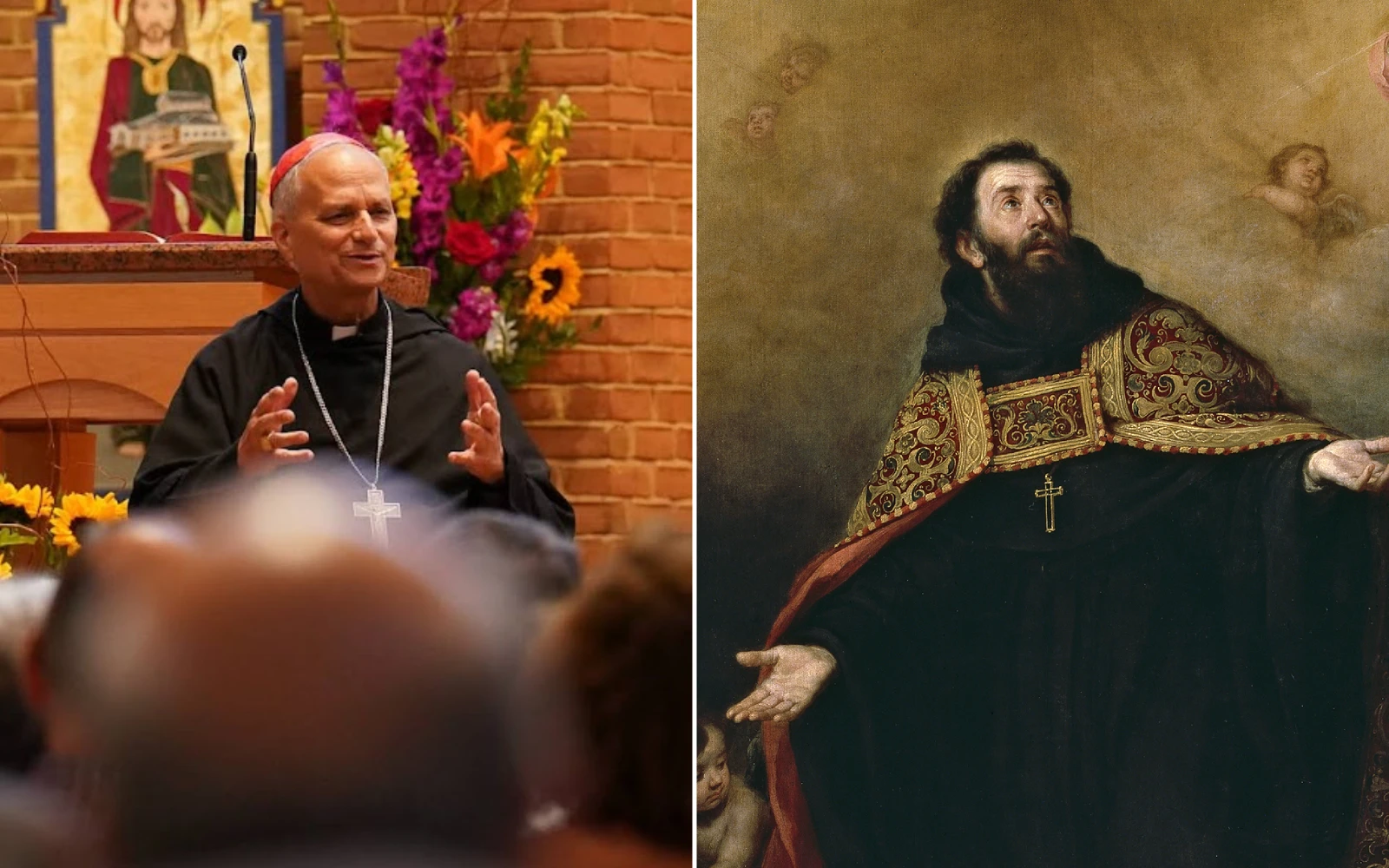 El Papa León XIV (entonces Cardenal Robert Prevost, OSA) en un evento en la Parroquia de San Judas en New Lenox, Illinois, en 2024. Y el cuadro "San Agustín entre Cristo y la Virgen" de 
Bartolomé Esteban Murillo (1617–1682).?w=200&h=150