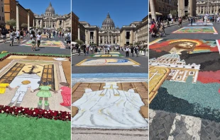Miles de pétales de flores adornan la gran avenida que lleva a San Pedro. Crédito: Hannah Brockhaus