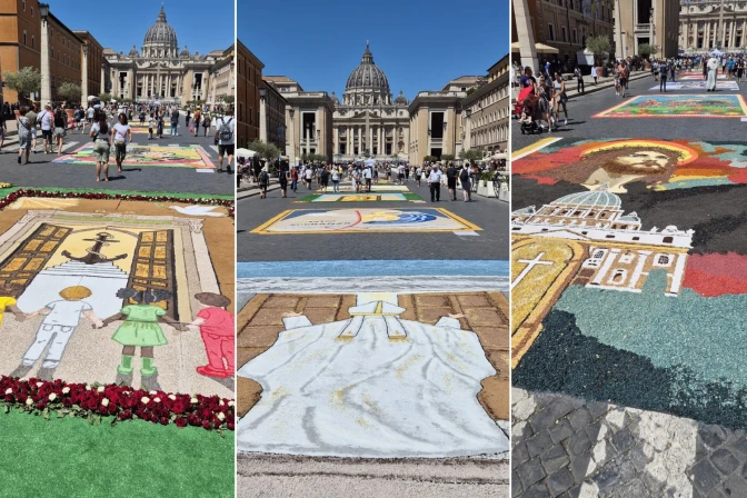 Miles de pétales de flores adornan la gran avenida que lleva a San Pedro.