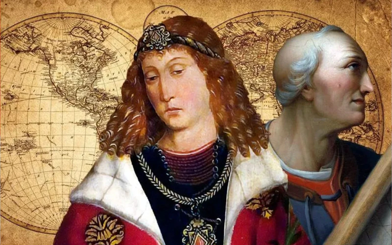 Izquierda: Detalle de San Emerico en una pintura de 1478 de la iglesia de Spišská Kapitula, Eslovaquia. Derecha: Charles Willson Peale, "Amerigo Vespucci", 1816, Galería Nacional de Retratos, Washington D. C.?w=200&h=150