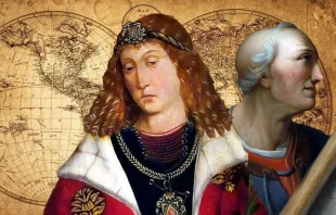 Izquierda: Detalle de San Emerico en una pintura de 1478 de la iglesia de Spišská Kapitula, Eslovaquia. Derecha: Charles Willson Peale, "Amerigo Vespucci", 1816, Galería Nacional de Retratos, Washington D. C. Crédito: Wikimedia Commons/Dominio público.