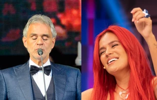 Andrea Bocelli y Karol G. Crédito 1: Nuță Lucian (CC BY-SA 2.0). Crédito 2: El Hormiguero vía Flickr (CC BY-NC 2.0)