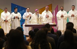 Mons. Alfredo Espinoza, Arzobispo de Quito, en la Misa de inauguración del congreso de docentes católicos. Crédito: Arquidiócesis de Quito.