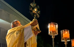 El Arzobispo de Barranquilla, Mons. Pablo Salas, eleva el Santísimo durante la Misa de desagravio del 11 de septiembre de 2025. Crédito: Arquidiócesis de Barranquilla.