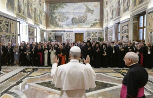 El Papa León XIV saluda a los participantes del Simposio “Nicea y la Iglesia del Tercer Milenio: Hacia la Unidad Católico-Ortodoxa” en la audiencia que sostuvieron este sábado 7 de junio en el Vaticano. Crédito: Vatican Media.