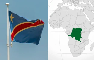 Bandera y mapa de la República Democrática del Congo, donde las ADF, vinculadas al Estado Islámico, perpetraron una masacre en una iglesia católica, Crédito 1: Aboodi Vesakaran - Unsplash / Crédito 2: Addicted04 (CC BY-SA 3.0)