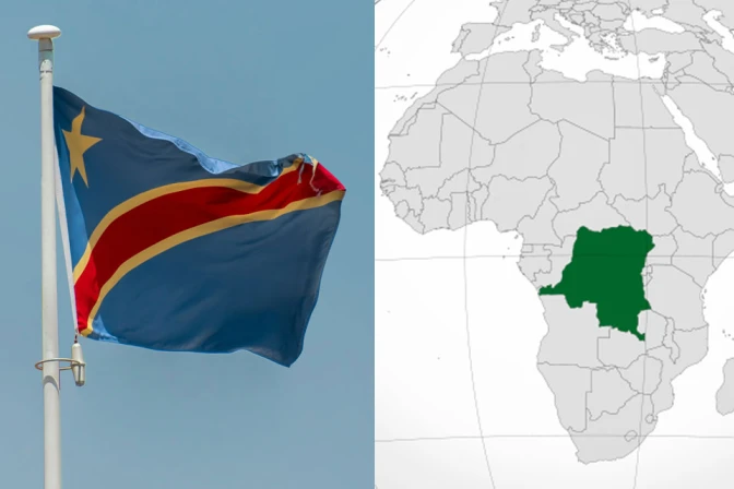 Bandera y mapa de la República Democrática del Congo, donde las ADF, vinculadas al Estado Islámico, perpetraron una masacre en una iglesia católica,