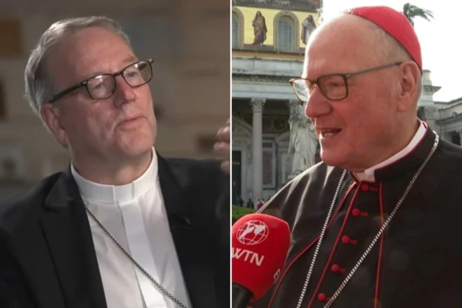 El Obispo Robert Barron (izquierda) y el Cardenal Timothy Dolan (derecha). | Crédito: EWTN News.