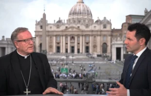 El Obispo Robert Barron habla con Colm Flynn, corresponsal de EWTN News en el Vaticano, en Roma, el lunes 5 de mayo de 2025. Crédito: EWTN News