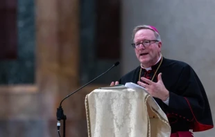 El Obispo Robert Barron pronuncia el discurso inaugural en el Encuentro Nacional de Peregrinos de Estados Unidos del Jubileo de la Juventud, el 30 de julio de 2025, en la Basílica de San Pablo Extramuros de Roma. Crédito: Daniel Ibañez - EWTN News