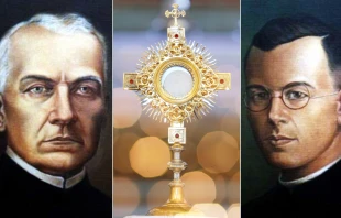 Corpus Christi. Crédito: Sidney de Almeida - Shutterstock A los costados  P. Vicente Matuszewski y P. José Kurzawa. Crédito: Hagiopedia y Diócesis de Kaliskiej