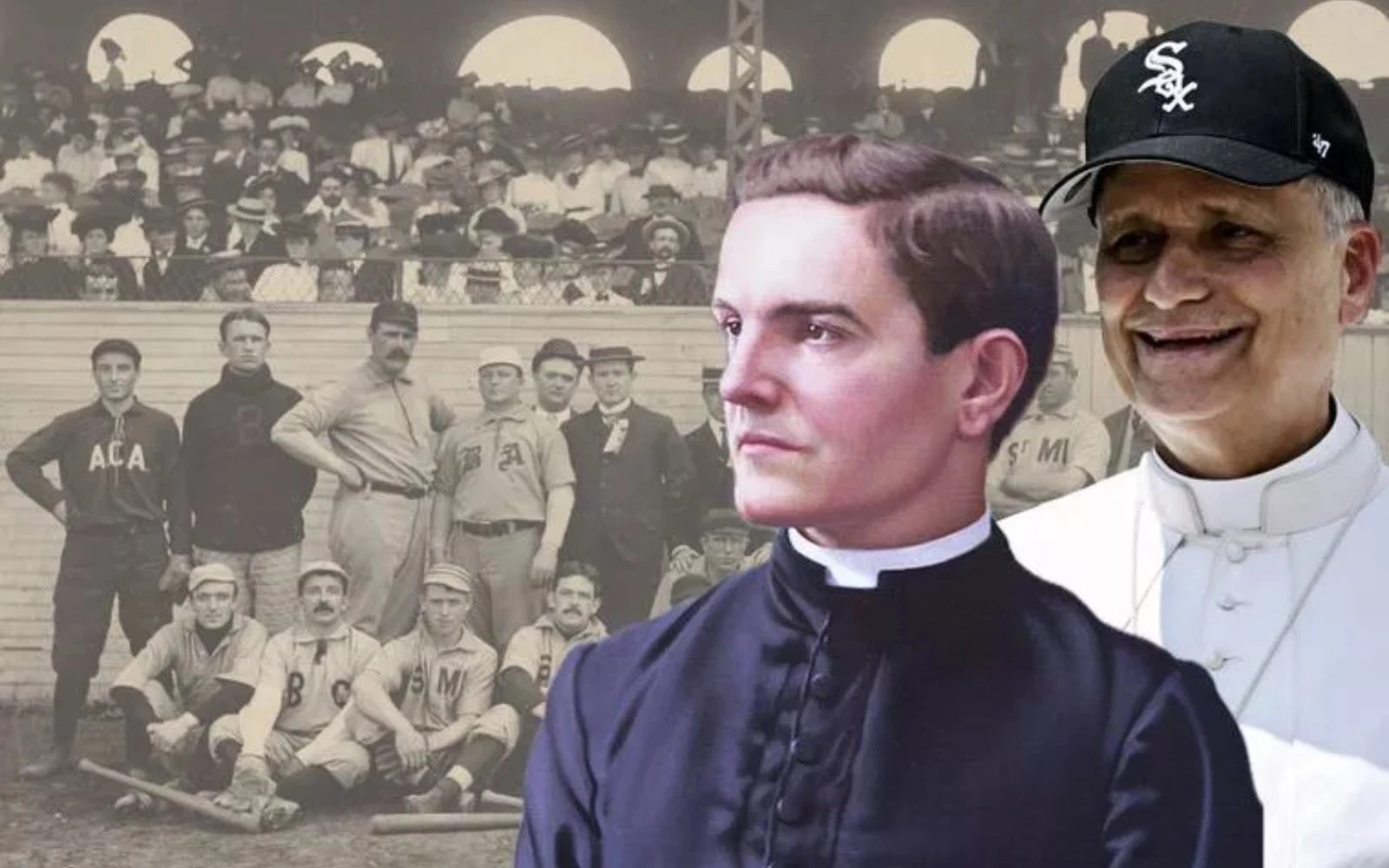 Al fondo: Un equipo de béisbol de los Caballeros de Colón posa para una fotografía en Boston (Estados Unidos) el 30 de agosto de 1902. Primer plano: Pintura de Richard Whitney del Beato Michael McGivney (izquierda) y León XIV usando una gorra de los Chicago White Sox durante la audiencia general del 11 de junio en la Plaza de San Pedro.?w=200&h=150