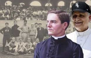 Al fondo: Un equipo de béisbol de los Caballeros de Colón posa para una fotografía en Boston (Estados Unidos) el 30 de agosto de 1902. Primer plano: Pintura de Richard Whitney del Beato Michael McGivney (izquierda) y León XIV usando una gorra de los Chicago White Sox durante la audiencia general del 11 de junio en la Plaza de San Pedro. Crédito: Filippo Monteforte/Register Staff / AFP vía Getty Images/Boston Public Library/Richard Whitney/CC BY-SA 3.0.