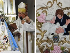 Obispo bendijo una imagen de la Virgen María que lleva un manto con la imagen de Javier Milei y el Papa Francisco