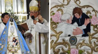 Obispo bendice la imagen de la Virgen/Detalle del manto