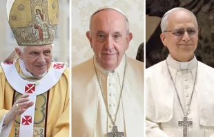 Papa Benedicto XVI, Papa Francisco y el Papa León XIV. Crédito: Wikimedia Commons / Dominio público.