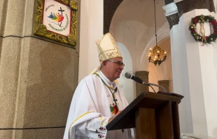 Mons. Raúl Biord durante su homilía en la misa de inauguración del Año Jubilar 2025 en Caracas. Crédito: Andrés Henríquez/EWTN.