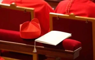 Birrete o gorro púrpura que usa un cardenal de la Iglesia Católica. Crédito: ACI Prensa