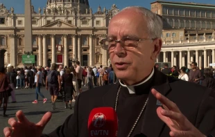 El Obispo de El Paso, Texas (Estados Unidos), Mons. Mark Seitz, conversa con EWTN News el 9 de octubre de 2025, en el Vaticano. Crédito: EWTN News.