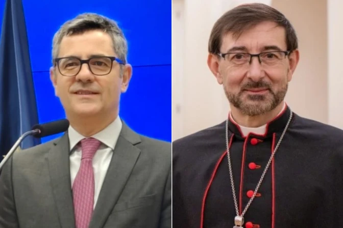 El ministro de Presidencia de España, Félix Bolaños (i) y el Cardenal José Cobo (d).