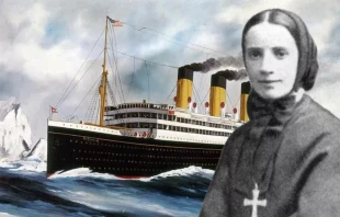 Una fotografía de Santa Francisca Cabrini, de 1880, año en que fundó su orden, se ve junto a una pintura de 1913 de Harry J. Jansen, 'El vapor Titanic'. Crédito: Museo Marítimo Nacional, Greenwich, Inglaterra / Wikimedia Commons / Dominio Público