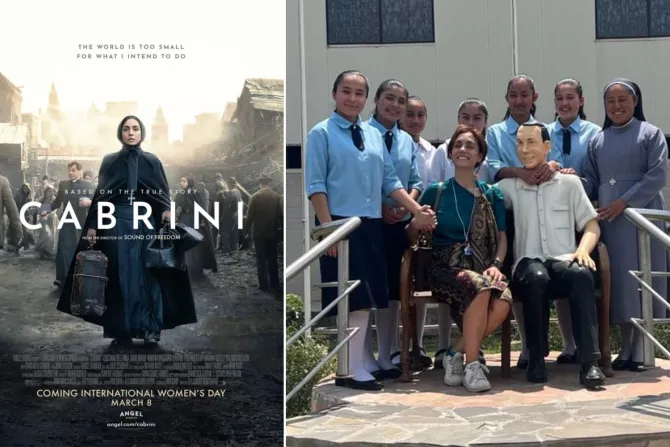 Cartel de "Cabrini" / Christiana Dell'Anna junto a alumnas y una religiosa en la Villa de las Niñas en Chalco, México.