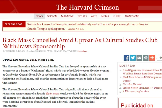 Cancelan misa negra satánica en Universidad de Harvard