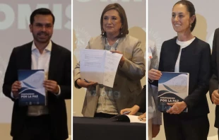 Jorge Álvarez Máynez, Xóchitl Gálvez, del opositor Partido Acción Nacional y Claudia Sheinbaum. Créditos: Compañía de Jesús