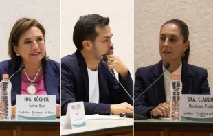 Xóchitl Gálvez, Jorge Álvarez Máynez y Claudia Sheinbaum. Crédito: Conferencia del Episcopado Mexicano