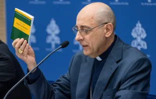 El Cardenal Víctor Manuel Fernández presenta la declaración "Dignitas Infinita" este lunes 8 de abril en Roma Crédito: Daniel Ibáñez/ ACI Prensa