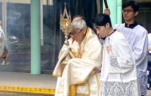 El Cardenal Joseph Zen lidera una procesión eucarística en Hong Kong después de celebrar la Misa en latín el 22 de junio. Crédito: X/@CardJosephZen.