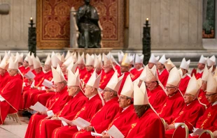 Los cardenales asisten el 1 de mayo a la sexta misa de los Novendiale en la Basílica de San Pedro. Crédito: Daniel Ibáñez / EWTN News.