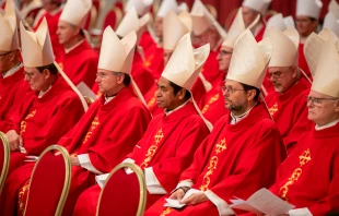 Cardenales durante la sexta misa de los Novendiales celebrada en la Basílica de San Pedro. Crédito: Daniel Ibáñez / EWTN News.