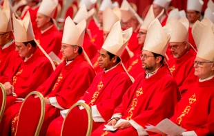 Cardenales durante la sexta misa de los Novendiales celebrada en la Basílica de San Pedro, antes del cónclave de 2025. Crédito: Daniel Ibáñez / EWTN News.
