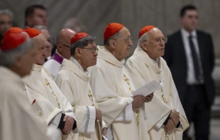 Cardenales en la Basílica de San Pedro en el Vaticano el 4 de mayo de 2025, en la última Misa novendial por el Papa Francisco. Crédito: Daniel Ibáñez / EWTN News.