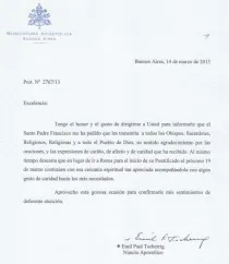 Carta enviada por el Nuncio en Argentina