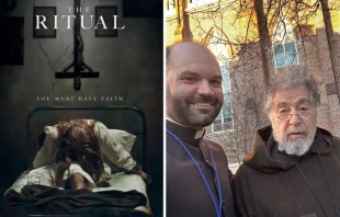 De izquierda a derecha: cartel de la película; el P. Aaron Williams, rector de la Basílica de St. Mary en Natchez, Misisipi (Estados Unidos), sonríe junto al actor Al Pacino. Crédito: Foto cortesía / P. Aaron Williams.